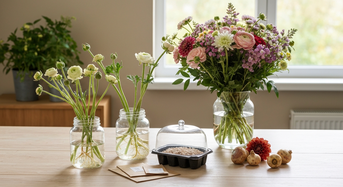 Home propagation scene: bouquet in vase, cuttings rooting in jars, seed envelopes, propagation tray and corms on a light wooden table.