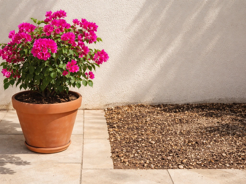 Bougainvillea thriving in a sunny patio container beside well-draining ground soil