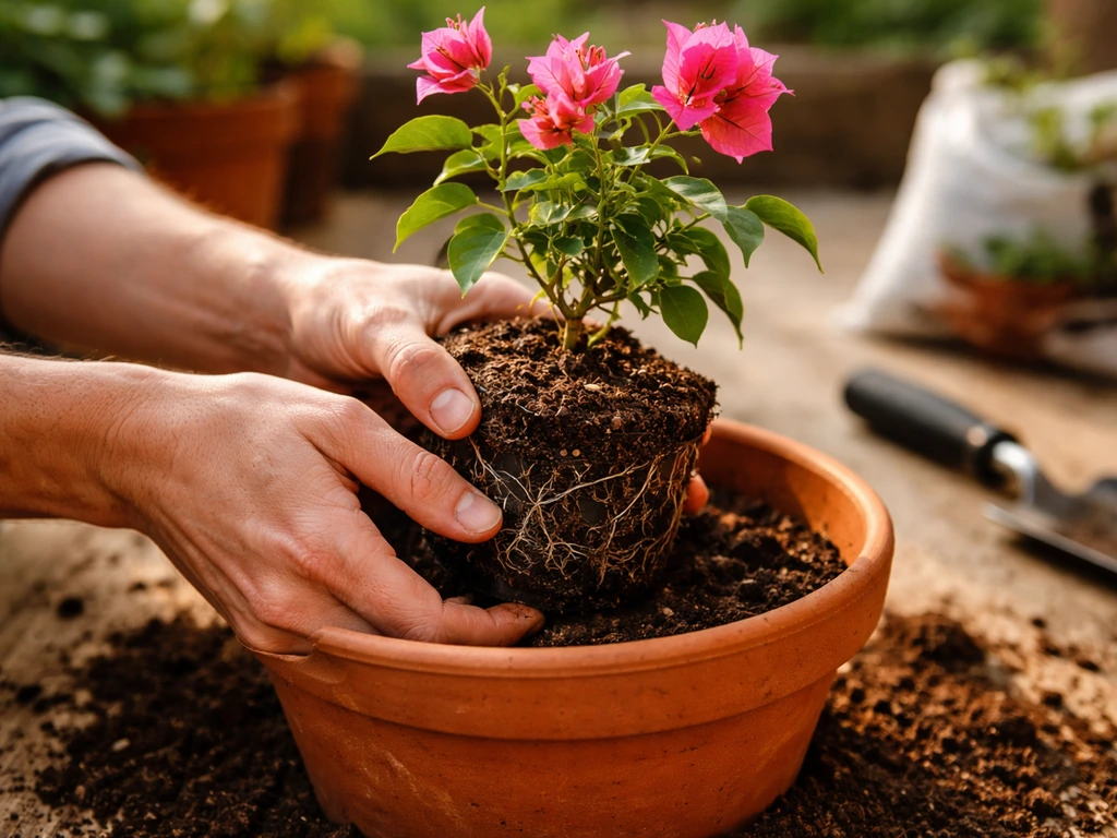 Hands carefully pot up a bougainvillea seedling, keeping the root ball intact in fresh potting mix.