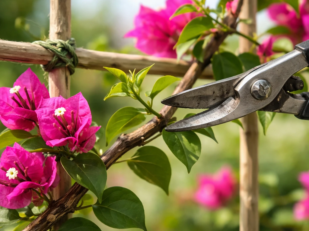 Pruning shears cutting back fresh bougainvillea growth trained on a trellis