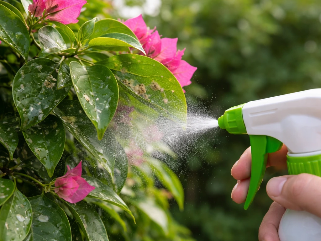 Close-up of bougainvillea leaves with small aphids and a gardener spraying soapy water.