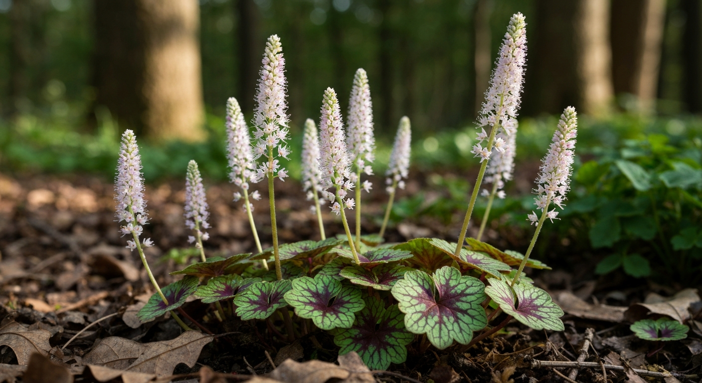 Foamflower (Tiarella) clump with feathery white-pink flower spikes and heart-shaped leaves in shaded woodland setting.