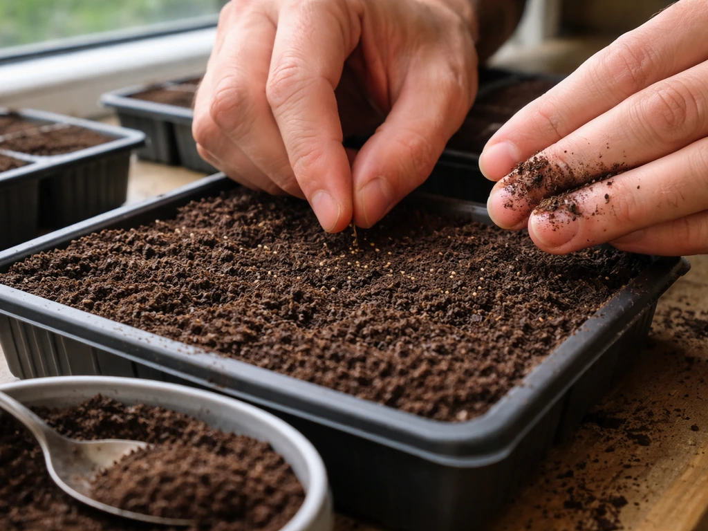 Anonymous hands sowing tiny annual wallflower seeds in indoor seed-starting compost in a small tray.