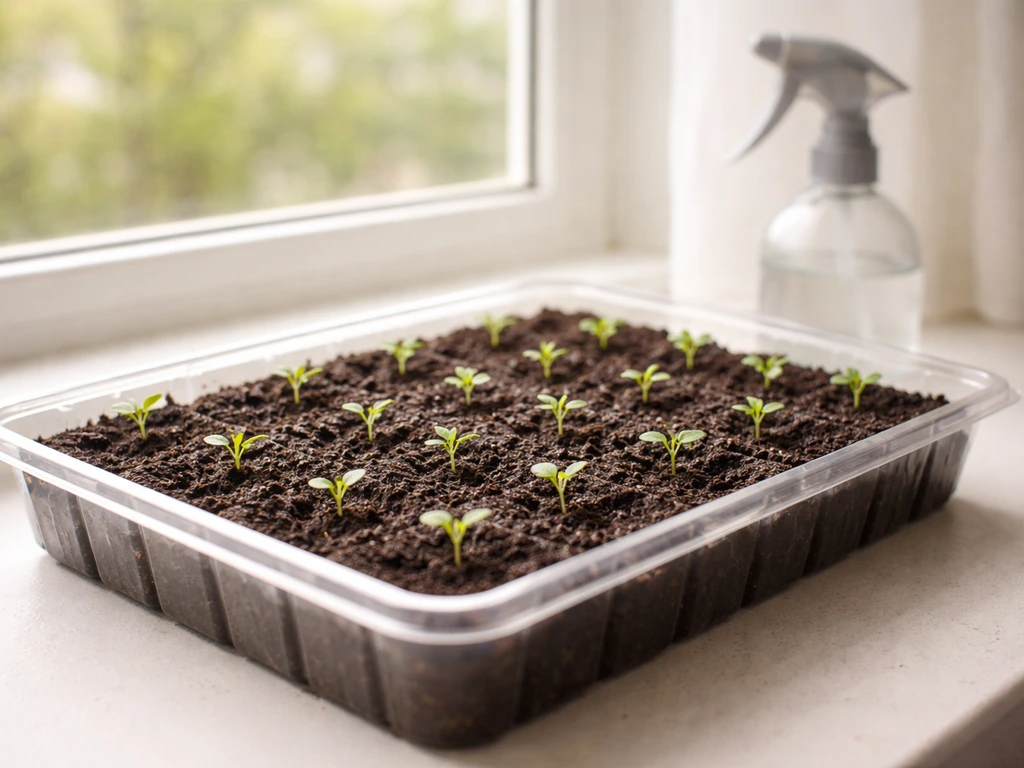 Tray of small wallflower seedlings under strong light with airy spacing on a simple potting setup.