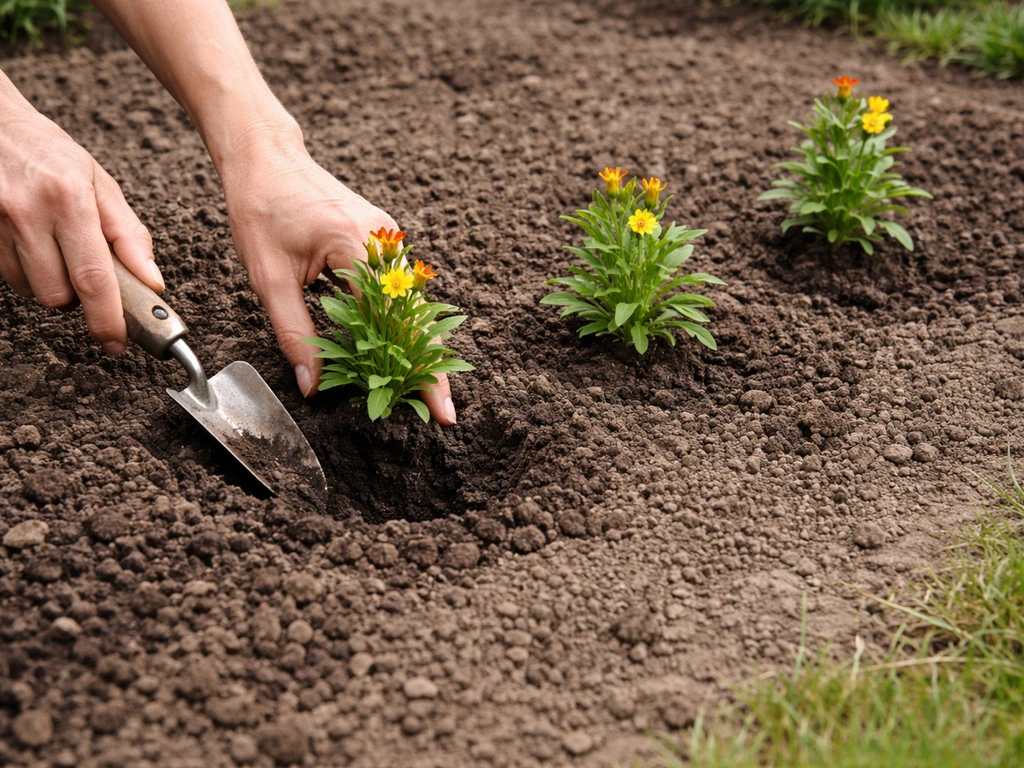 Gardener hands place wallflower seedlings 30–38 cm apart in prepared soil bed.