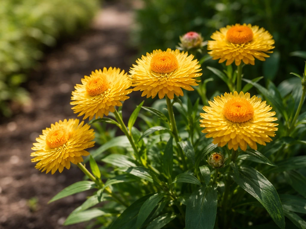 Bright golden strawflowers in full bloom in a sunny garden border