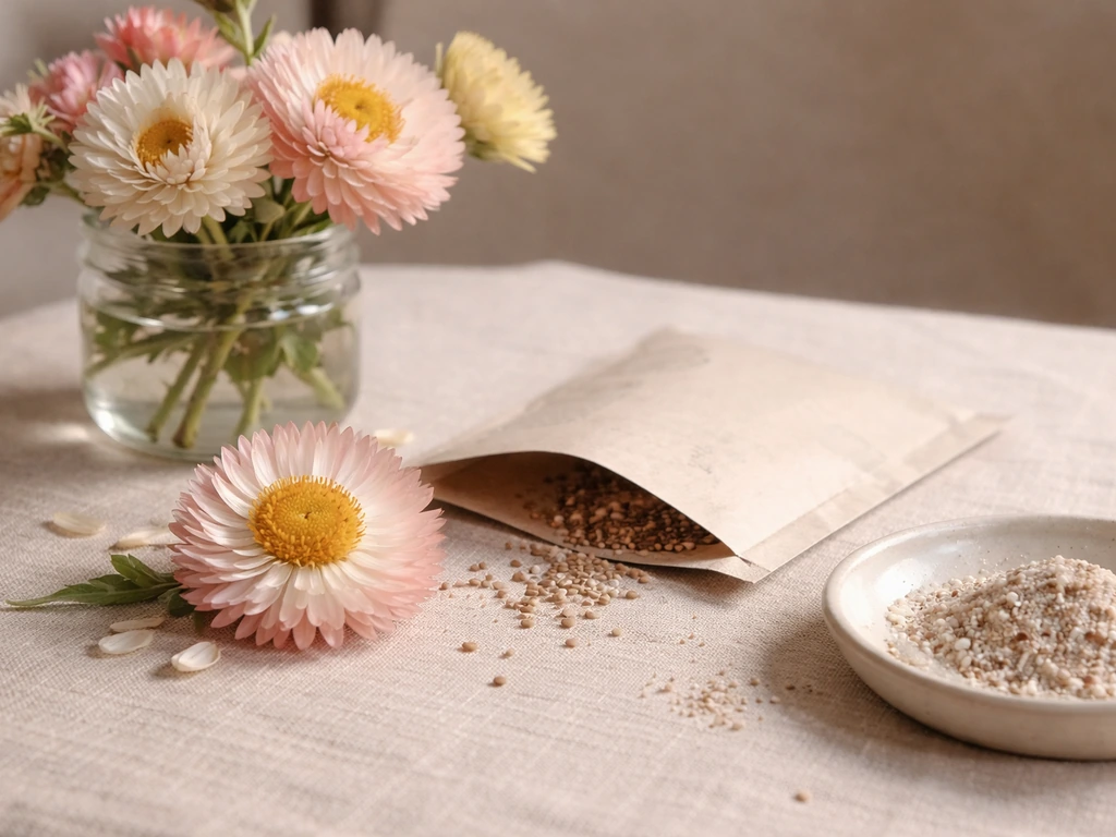 Close-up strawflower blooms beside a blank seed packet and a small dish of light soil.