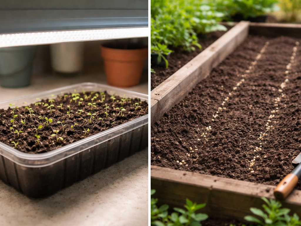 Indoor seed tray under grow light beside an outdoor pot with seeds ready for direct sowing.