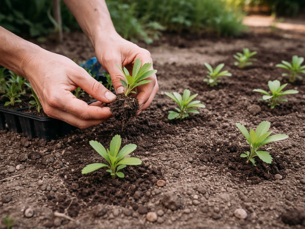 Strawflower seedlings being transplanted into prepared outdoor soil, spaced evenly between plants