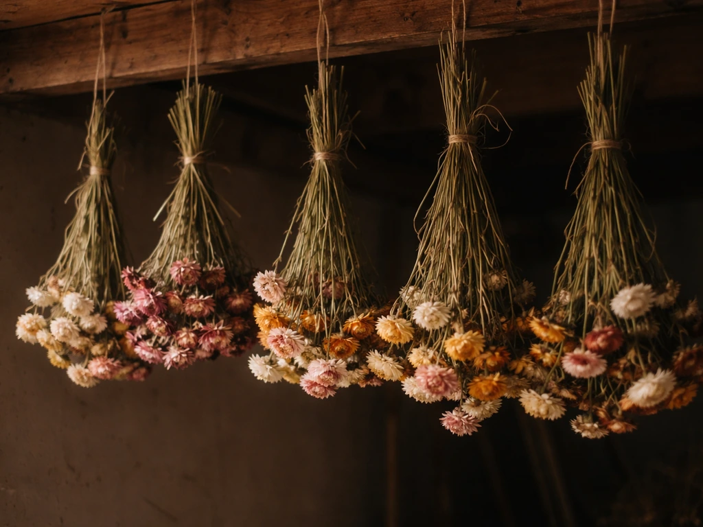 Bundles of strawflower stems hanging upside down in a warm, dark, well-ventilated room.