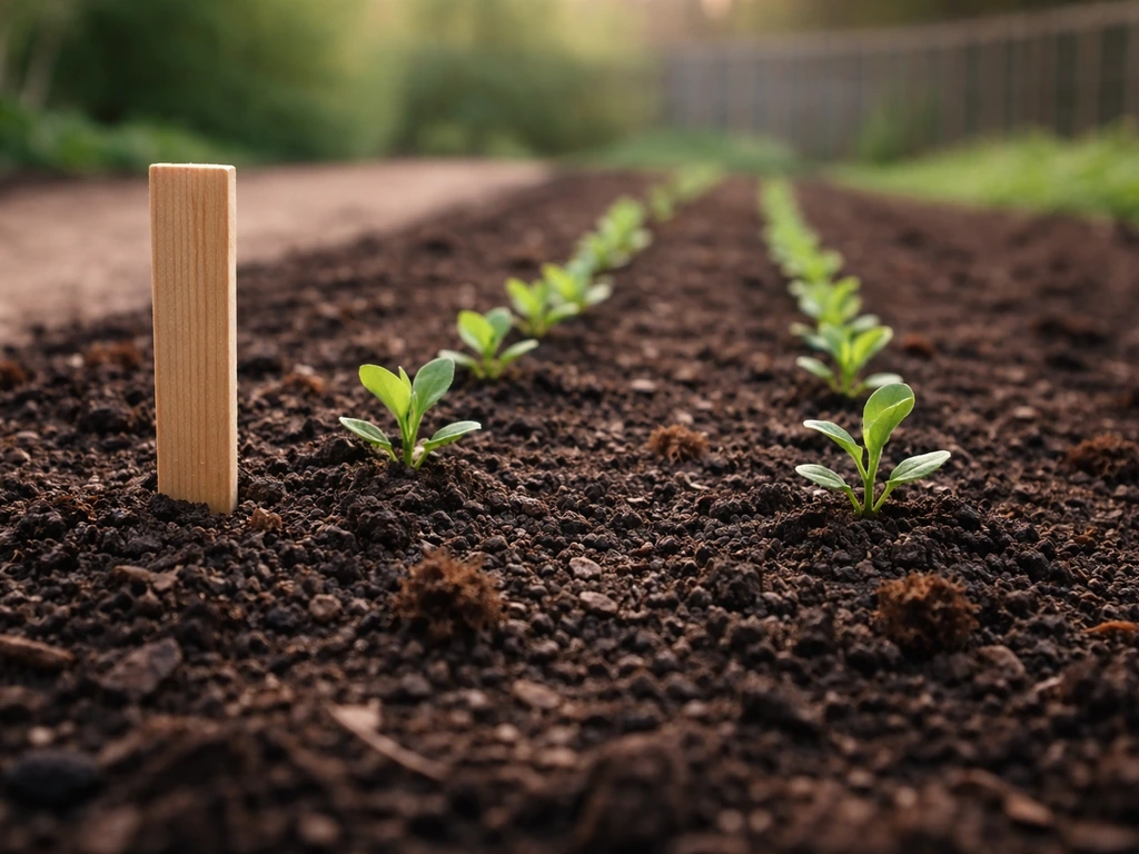 Row of young flower seedlings planted in dark garden soil beside simple frost-date planting marker