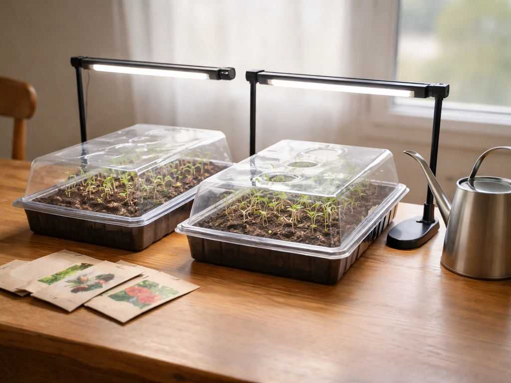 Seed trays under an LED grow light on a table, with generic seed packets nearby.
