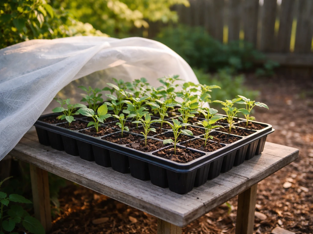Seedlings in a tray outdoors under a translucent cover during hardening off in gentle shade.