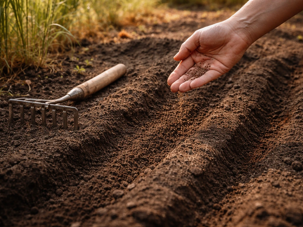 Hand sowing tiny flower seeds in a prepared fall garden bed with smooth soil and warm sunlight.