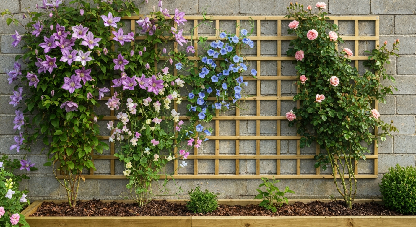Garden wall with a wooden trellis covered in mixed climbers (clematis, sweet peas, morning glory, climbing rose) above a raised bed.