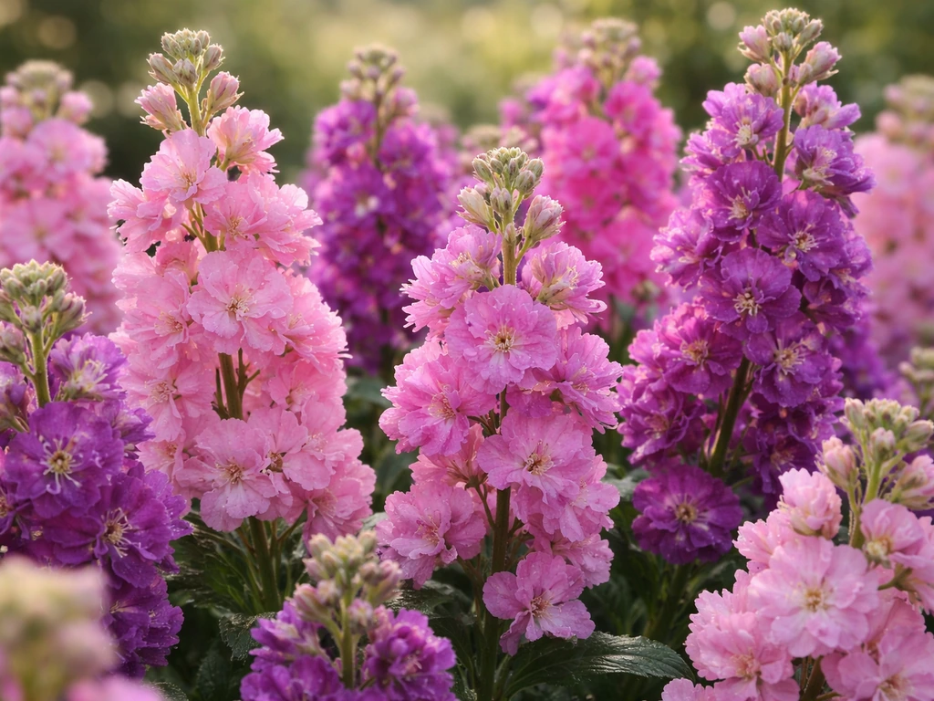 Close-up of lush scented stock flower spikes outdoors in bright natural light