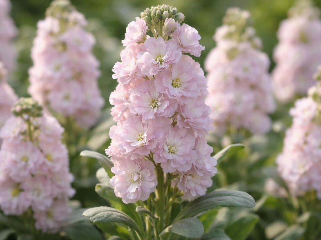 Close-up of dense scented stock flower spikes with sweet fragrance in a simple garden setting