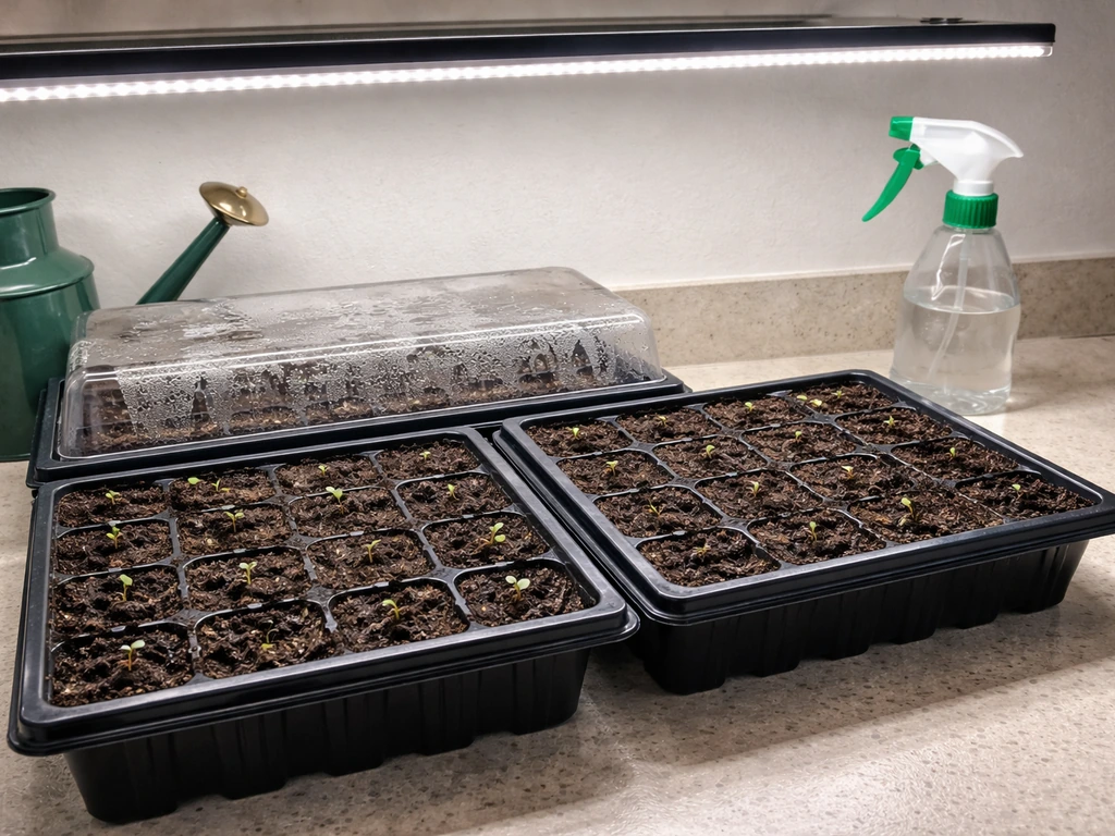 Seed-starting trays under grow lights with moist soil and covered seeds for reliable indoor starting
