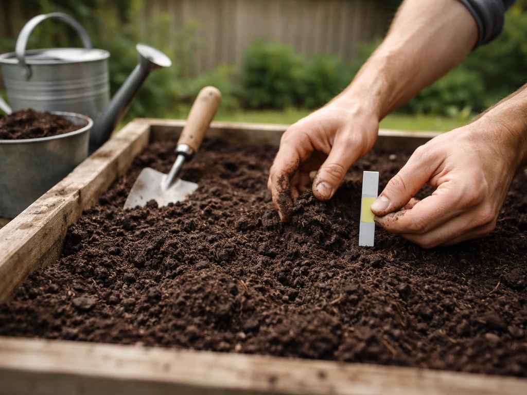 Gardener kneading soil in a raised bed, checking drainage and pH for best fragrance planting.