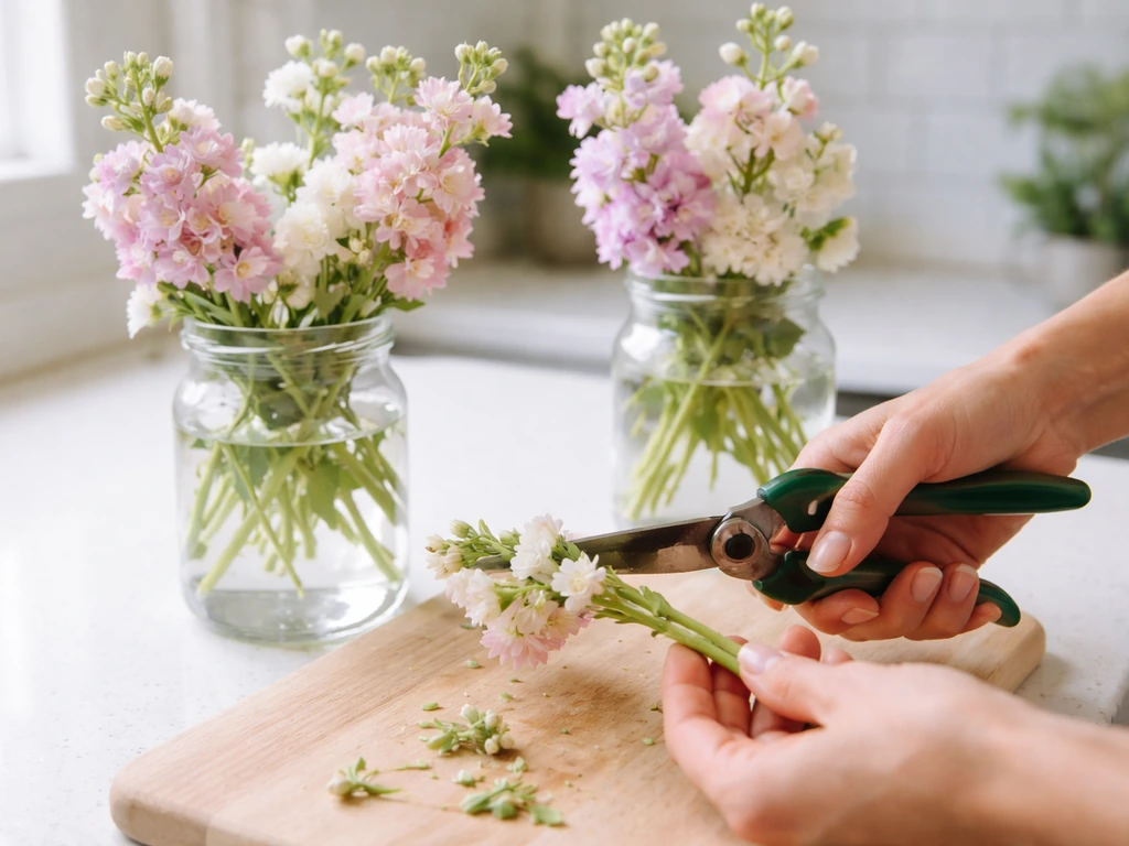 Hands re-cut scented stock flower stems with jars nearby showing fresh blooms starting to open.
