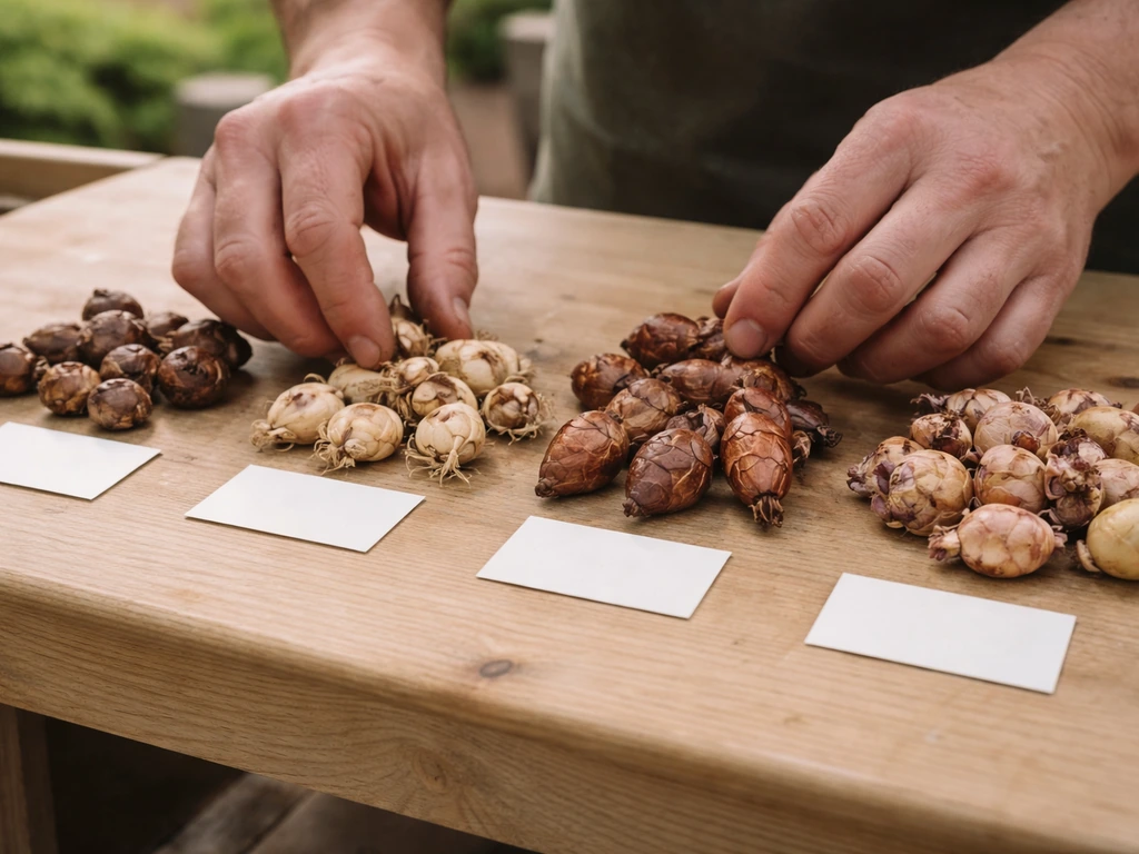 Ranunculus corms on a wooden table beside blank plant cards, showing different variety sizes and shapes.