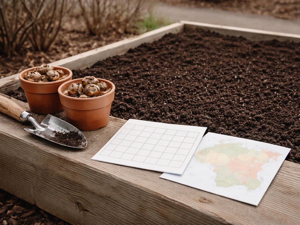 Ranunculus bulbs in containers beside a raised bed with blank, unlabeled calendar and map sheets.