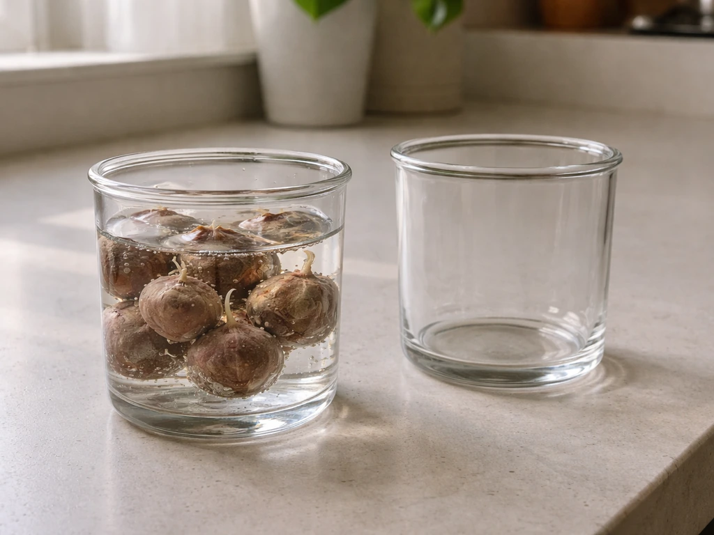 Corms submerged in room-temperature water with a second clean container ready nearby