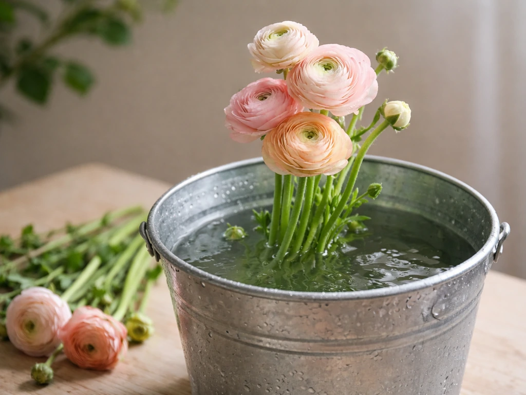 Fresh ranunculus stems being harvested, placed in a bucket of cool water with blooms ready