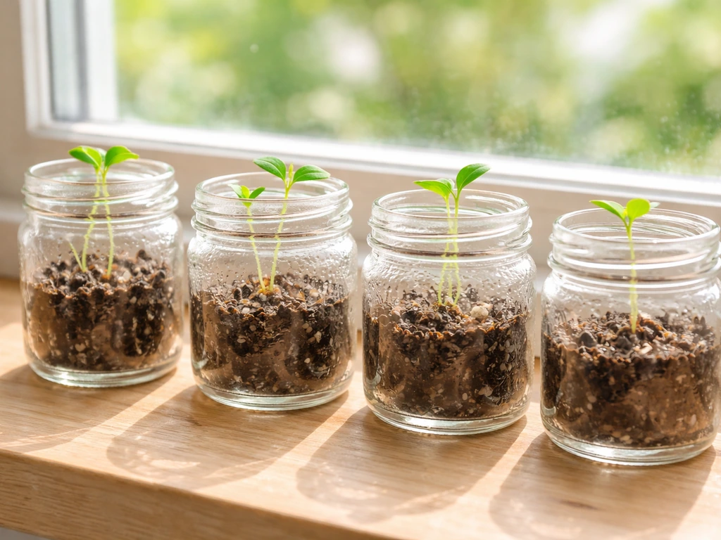 Clear glass jars with moist seed-starting mix and a few sprouted seedlings for jar-grown flowers.