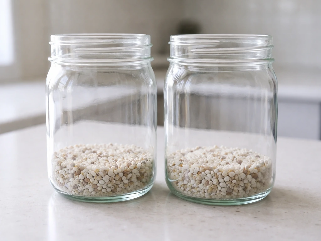 Close-up of sterilized glass jar with perlite and small gravel drainage layer at the bottom for seed starting.