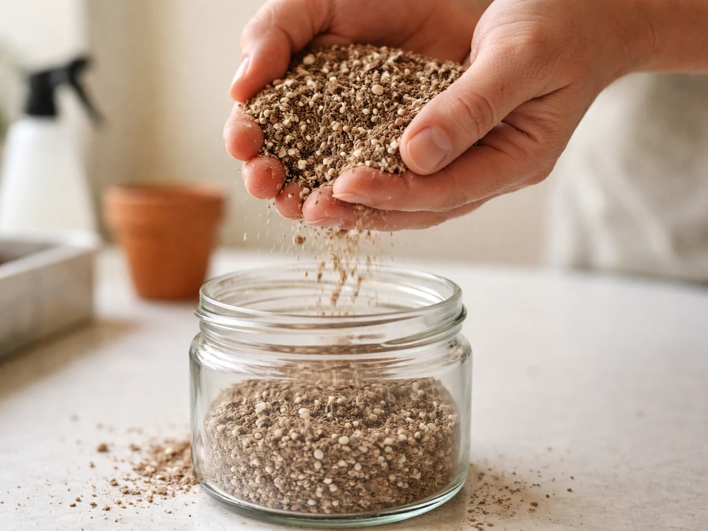 Hands tilting a light, airy soilless seed-starting mix into a clear jar, showing texture and loft.