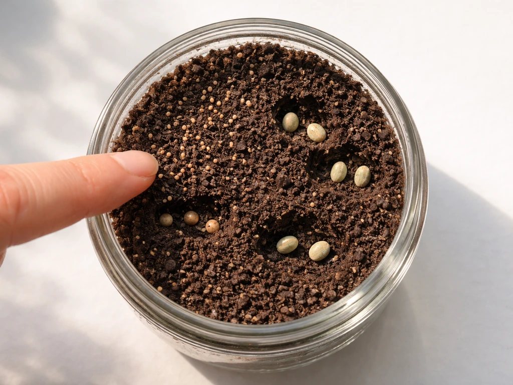 Top-down view of seeds in a jar with soil, tiny seeds lightly pressed on top and larger seeds set deeper