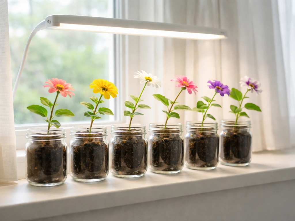 Glass jars of seedlings on a sunny windowsill with a visible grow light and gentle daylight.
