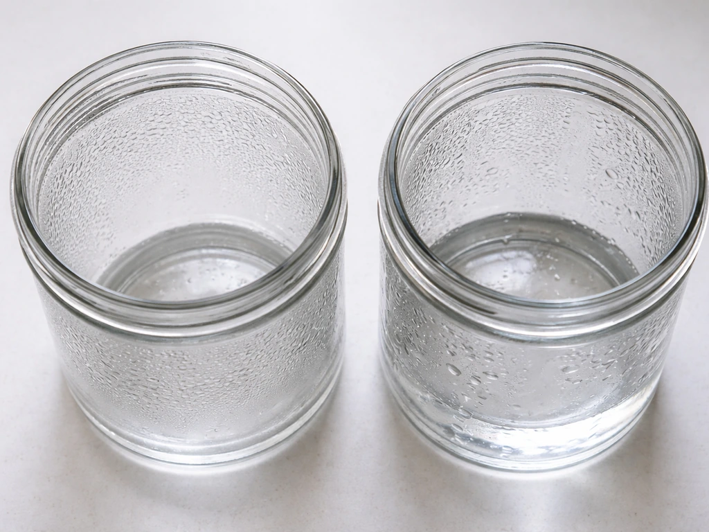 Two clear jars side-by-side: slight condensation without pooling on one, water pooling at the bottom on the other.