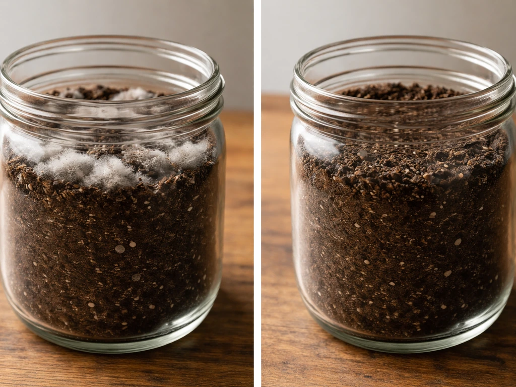 Split view of two jar setups: one with white fuzzy mold on soil, the other with a clean dry surface.