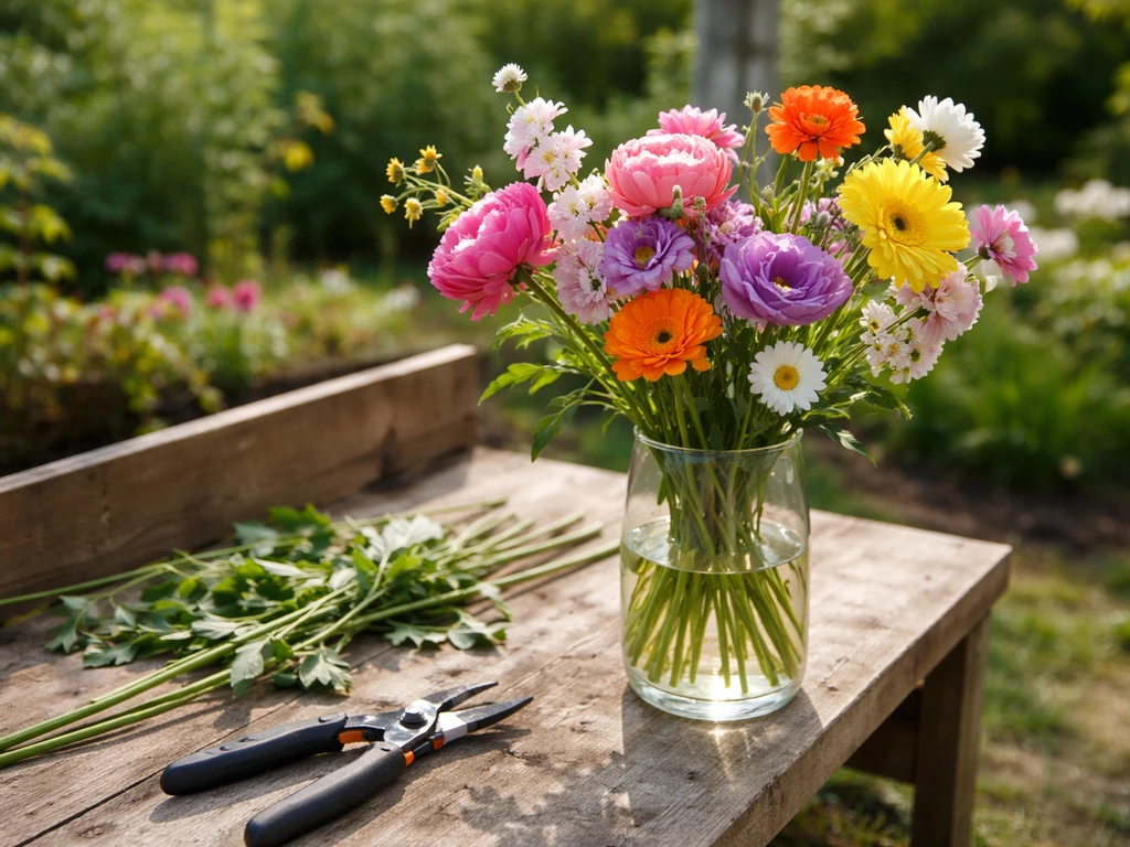 Vibrant bouquet in a vase beside a home garden cutting area, with crisp long-stem blooms ready to harvest.