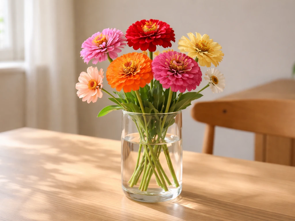 Fresh zinnia cut stems and a few companion blooms in a clear vase on a wooden table.