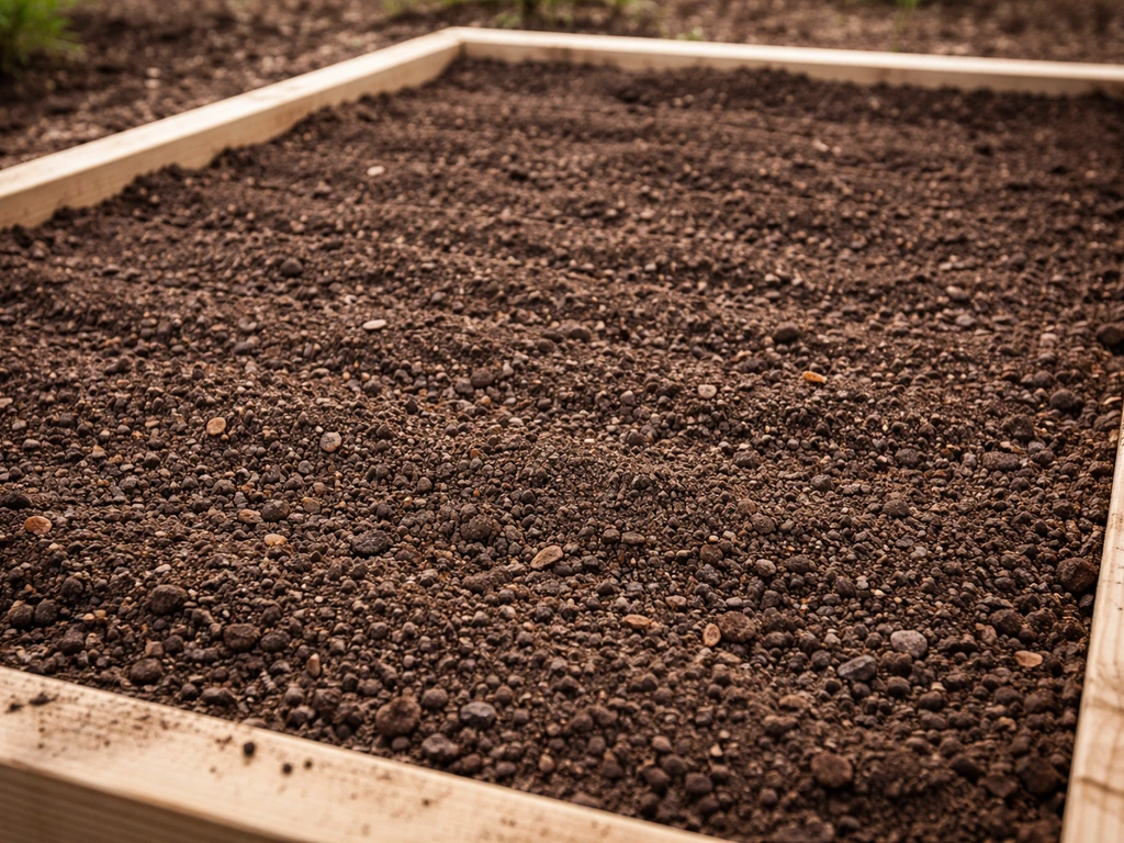 Close-up of amended, well-drained flower bed soil with rich organic matter, leveled and ready for planting.