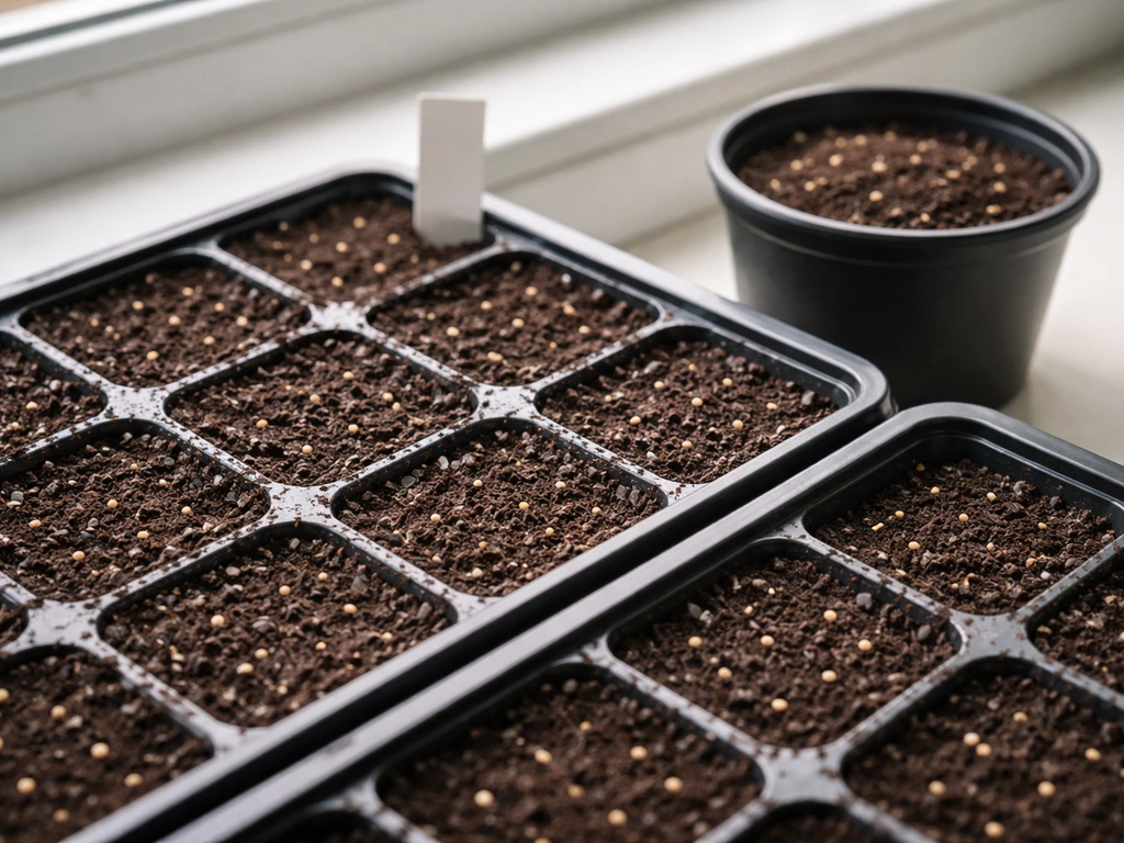 Close-up of seed trays with sterile mix and planted seeds under soft indoor light.