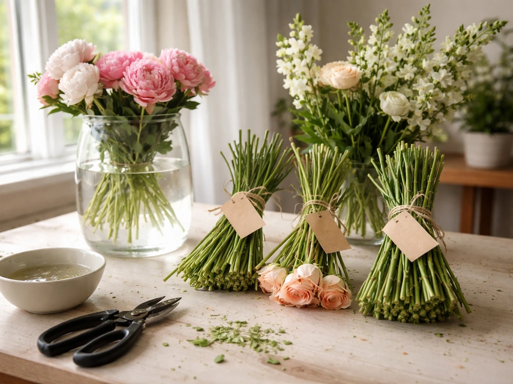 Freshly cut flower stems in clean water being conditioned for longer vase life.