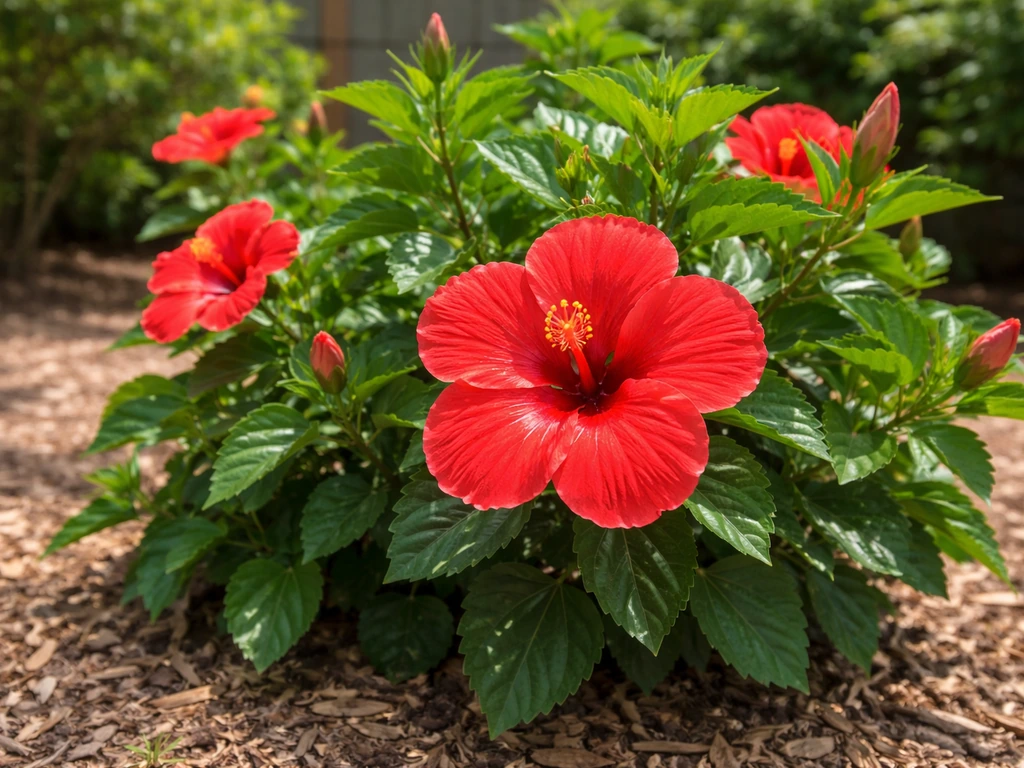 Lush blooming hibiscus shoe flower shrub with prominent single flowers in a simple garden.