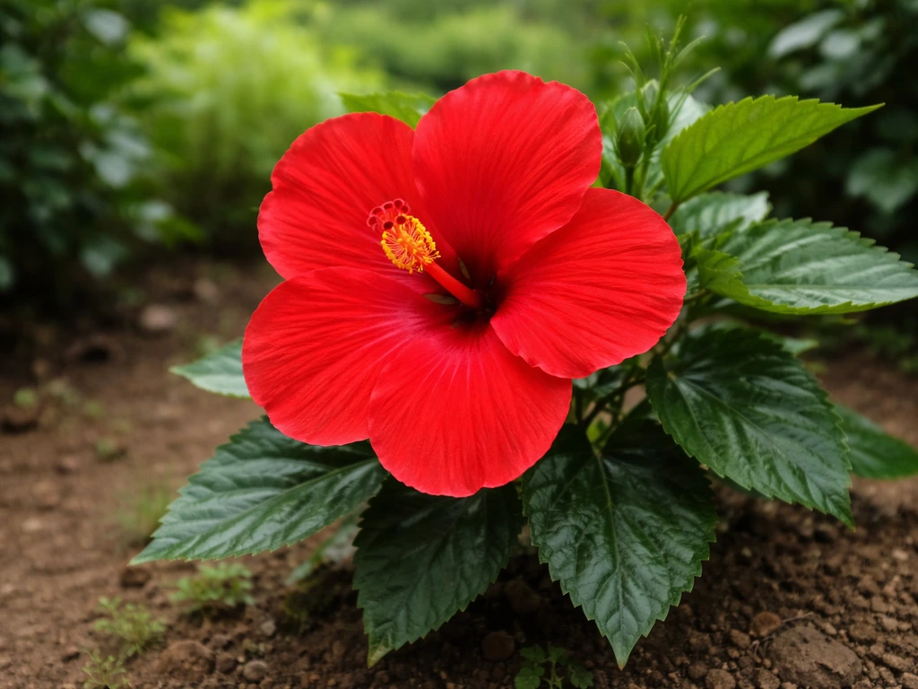 Close-up of a shoe flower (hibiscus) plant with vivid blossoms and glossy green leaves.