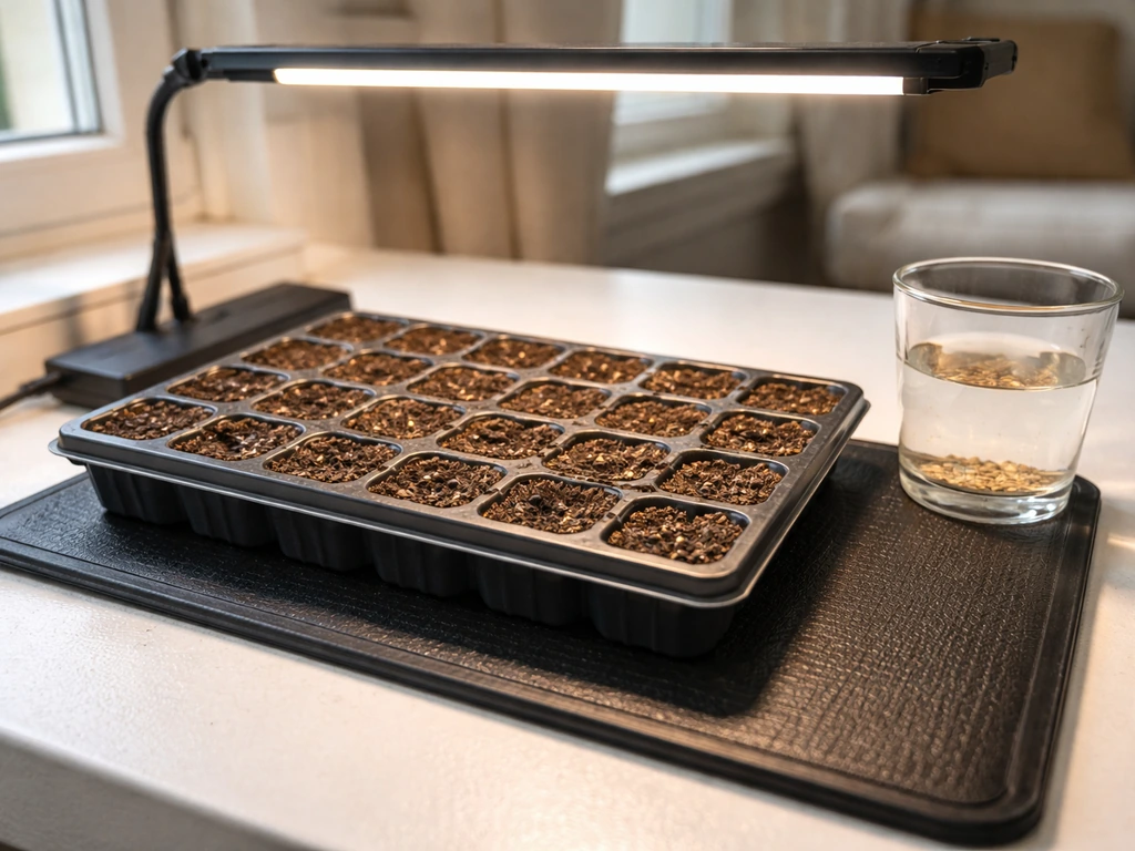 Indoor seed-starting tray with shoe-flower seeds in cells under a grow light and warming mat.