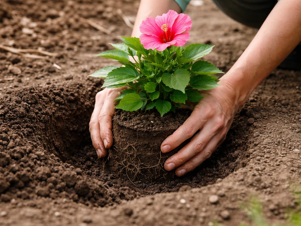 Hands placing a potted shoe flower into a dug hole while backfilling soil outdoors