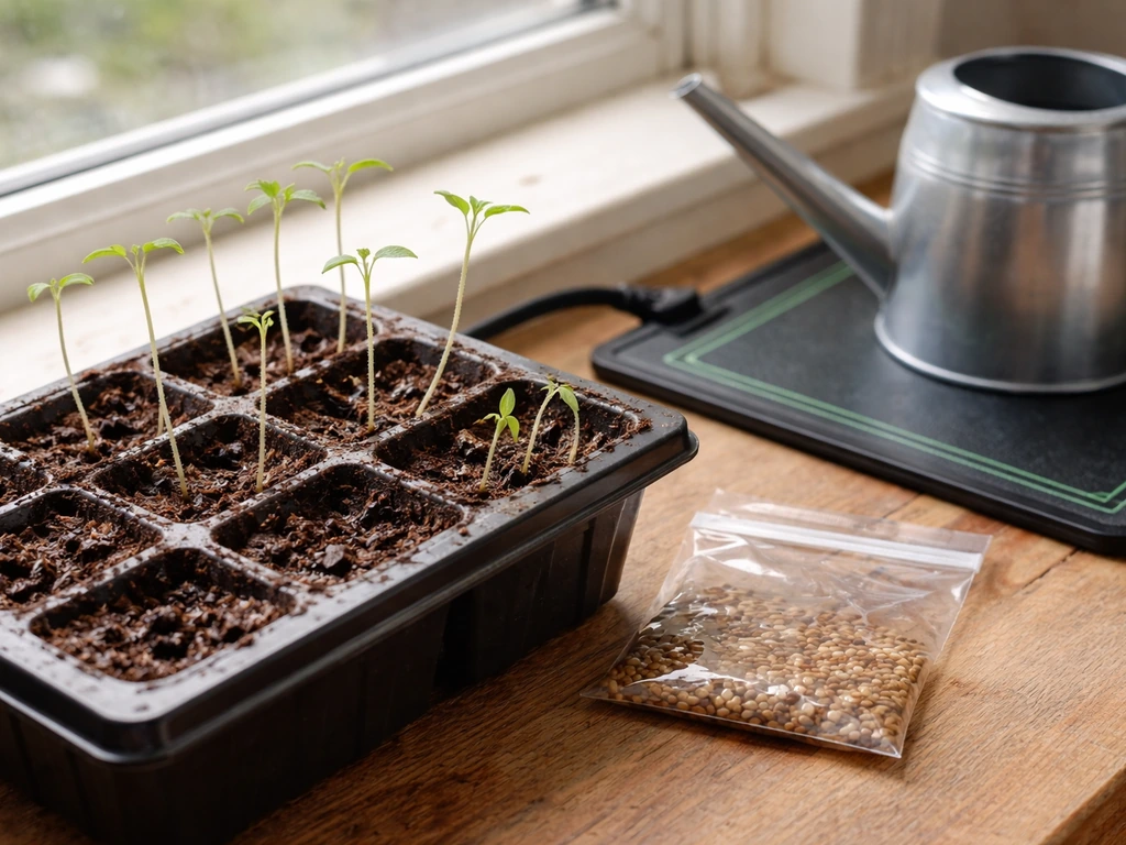 Leggy seedlings in a seed tray near a heat mat and watering can for troubleshooting plant growth.