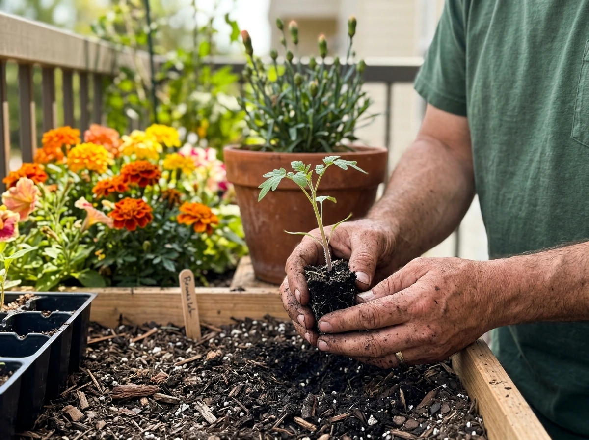 Seedling in hand with nearby budded and blooming flowers showing seed-to-bloom progress