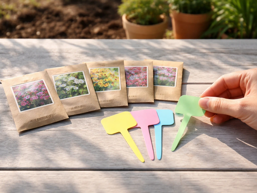 Close-up of seed packets and plant tags on a garden table with sunlight indicating sun vs shade choices.