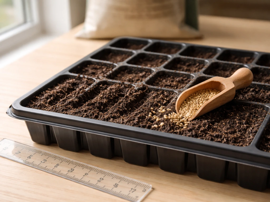 Indoor seed-starting tray with moist seed-starting mix, seeds, and a depth ruler beside it.