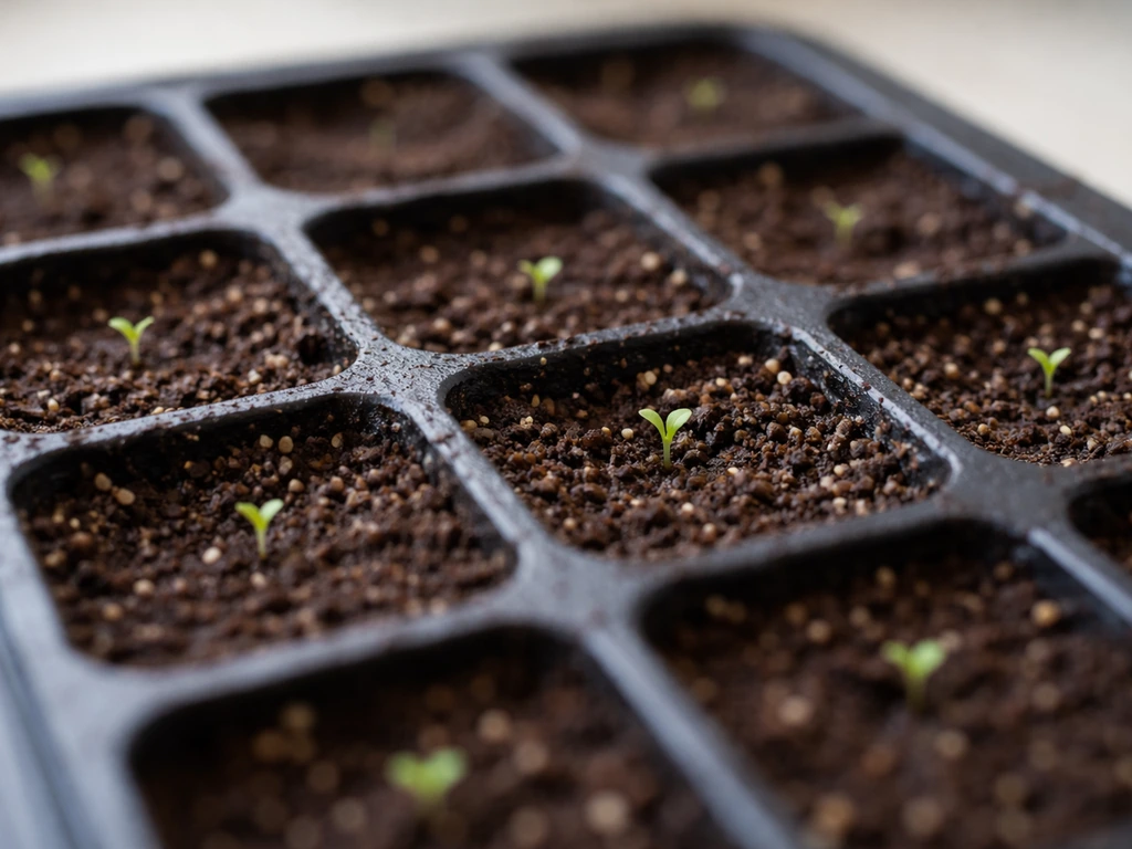 Close-up of germinating seeds in evenly moist seed-starting mix, top layer damp but not waterlogged