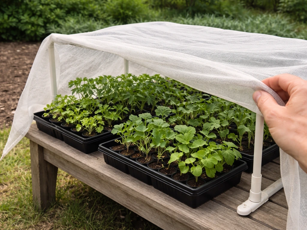 Seedling trays under a shade cloth outside, with a hand adjusting the shelter for hardening off.